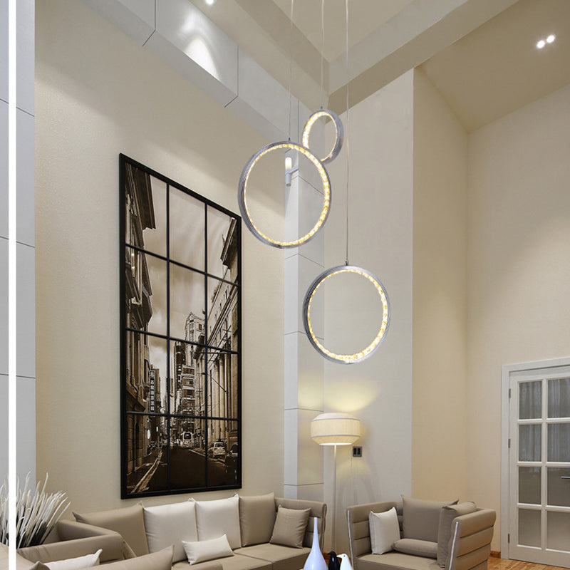 Circle Crystal Pendant Light with Cluster 3 Lights - Minimalist Design, Chrome Finish, Warm/White Lighting