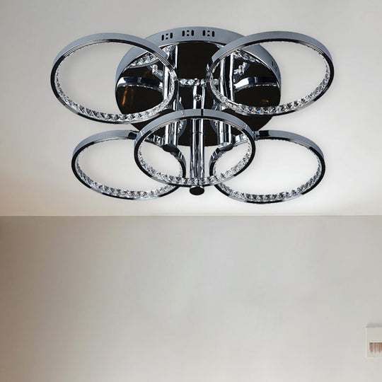 Minimalist Silver Circle Crystal LED Semi Flush Mount Light for Living Room - Warm/White Glow