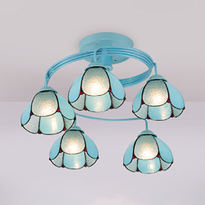 Blue Stained Glass Ceiling Flush Mount - Tiffany Style Semi Flush Light Fixture with 3/5 Floral Lights
