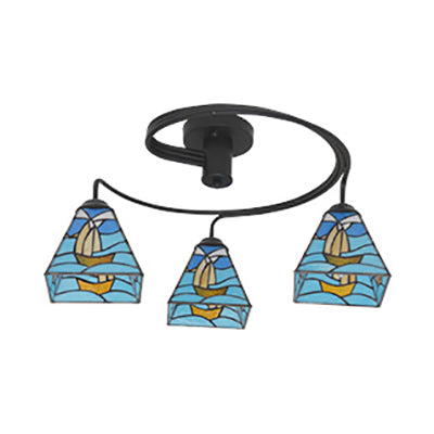 Plafonnier semi-encastré en vitrail méditerranéen à 3 lampes avec abat-jour bleu pour salle à manger