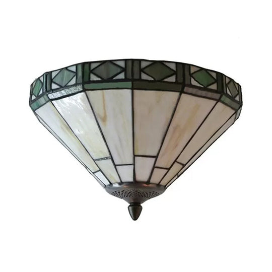 White Stained Glass Ceiling Light, 2-Light Medium Flush Mount with Tiffany Style Cone Shade