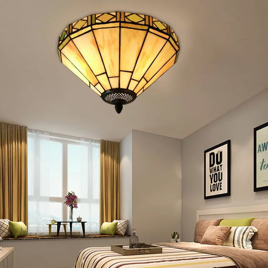 White Stained Glass Ceiling Light, 2-Light Medium Flush Mount with Tiffany Style Cone Shade