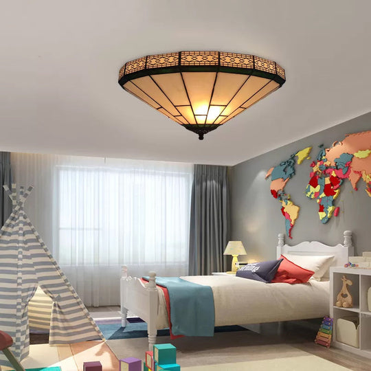 White Stained Glass Ceiling Light, 2-Light Medium Flush Mount with Tiffany Style Cone Shade