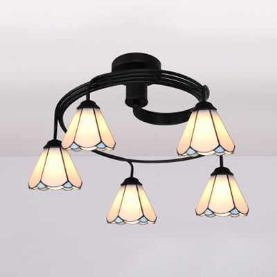 Plafonnier en vitrail de style Tiffany (3/5 lumières) - Montage semi-encastré en blanc/bleu/transparent