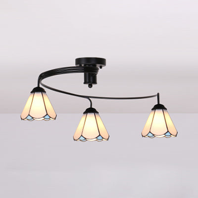 Plafonnier en vitrail de style Tiffany (3/5 lumières) - Montage semi-encastré en blanc/bleu/transparent