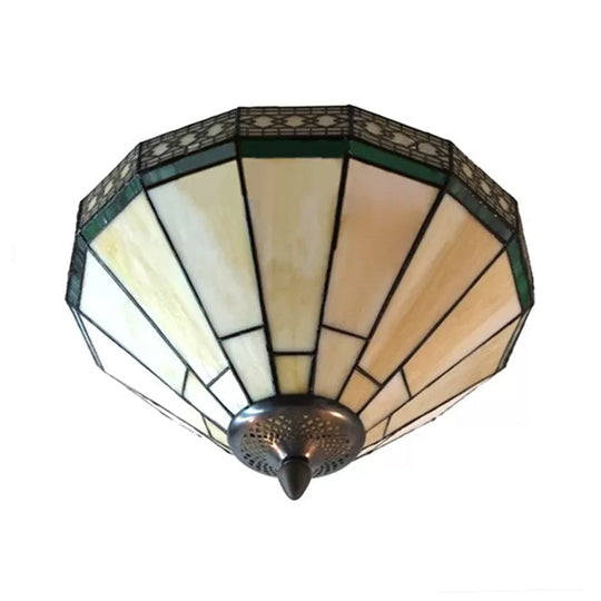 White Stained Glass Ceiling Light 2-Light Medium Flush Mount With Tiffany Style Cone Shade