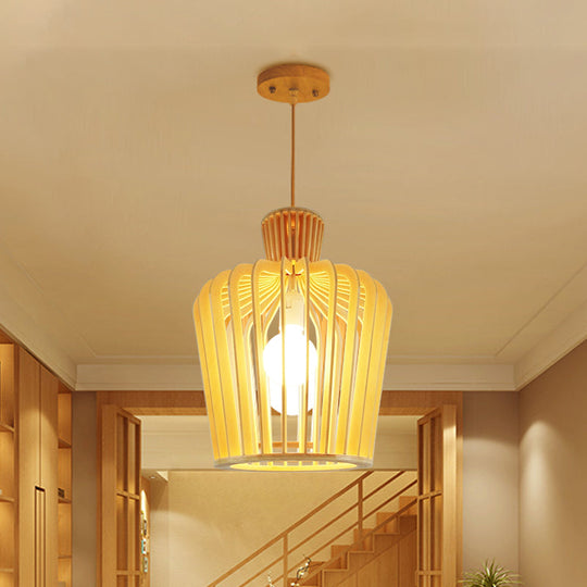 Modern Urn Pendant Light Fixture with Wood Accent - Beige, 1-Bulb, Perfect for Dining Room