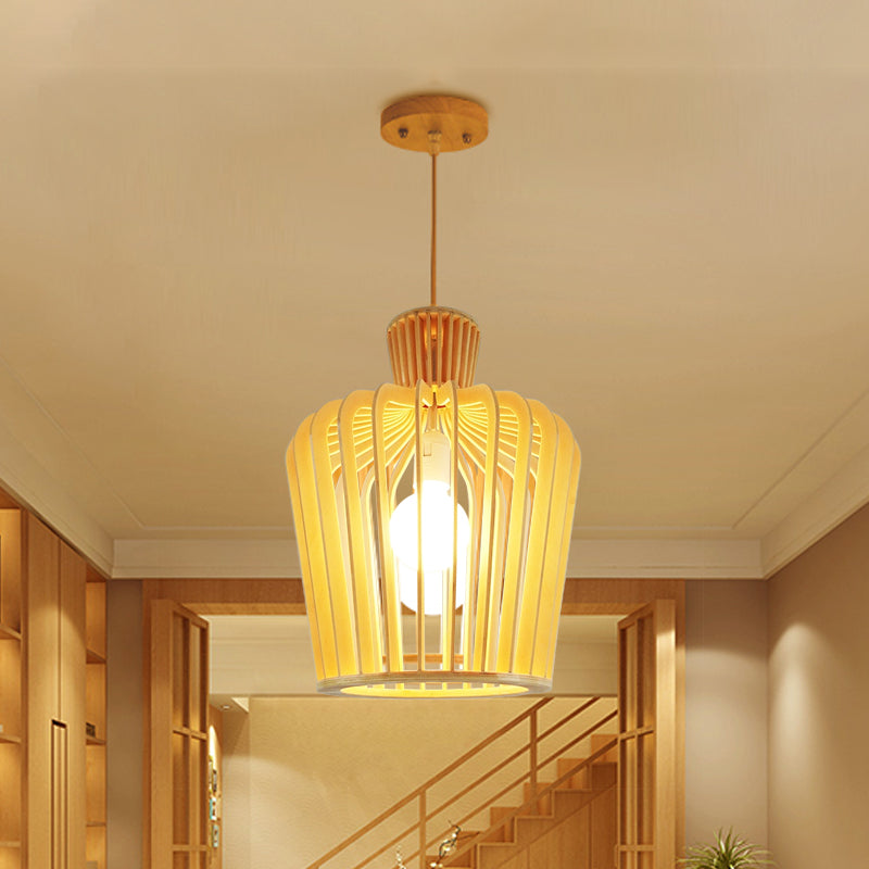 Modern Wood Pendant Light Fixture: Urn/Gourd Style With 1 Bulb For Dining Room In Beige / A