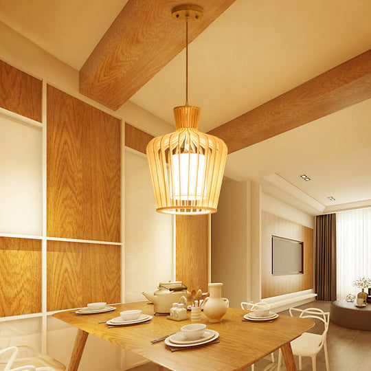 Modern Urn Pendant Light Fixture with Wood Accent - Beige, 1-Bulb, Perfect for Dining Room