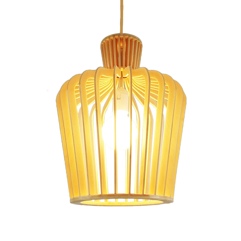 Modern Wood Pendant Light Fixture: Urn/Gourd Style With 1 Bulb For Dining Room In Beige