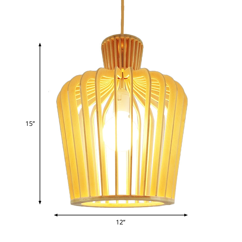 Modern Wood Pendant Light Fixture: Urn/Gourd Style With 1 Bulb For Dining Room In Beige