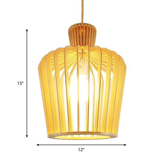 Modern Wood Pendant Light Fixture: Urn/Gourd Style With 1 Bulb For Dining Room In Beige