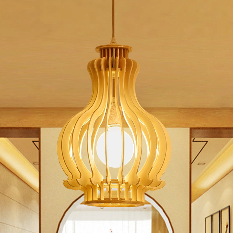 Modern Wood Pendant Light Fixture: Urn/Gourd Style With 1 Bulb For Dining Room In Beige / B