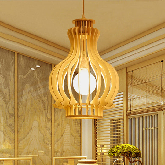 Modern Urn Pendant Light Fixture with Wood Accent - Beige, 1-Bulb, Perfect for Dining Room
