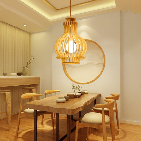Modern Wood Pendant Light Fixture: Urn/Gourd Style With 1 Bulb For Dining Room In Beige