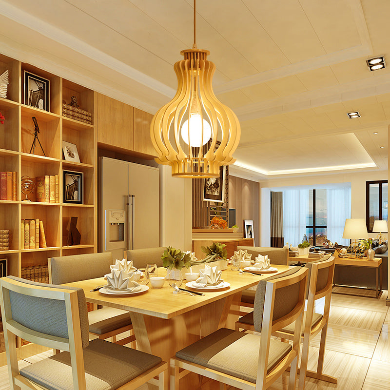 Modern Wood Pendant Light Fixture: Urn/Gourd Style With 1 Bulb For Dining Room In Beige
