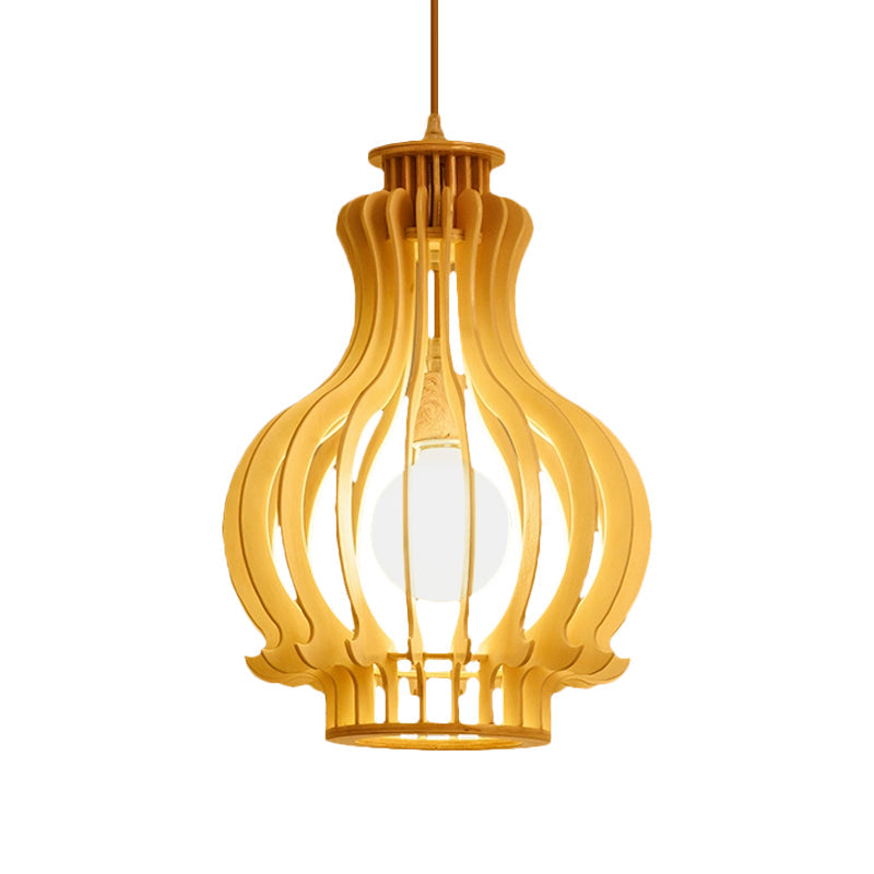Modern Wood Pendant Light Fixture: Urn/Gourd Style With 1 Bulb For Dining Room In Beige