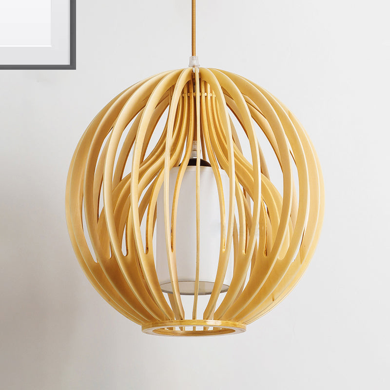 Contemporary Beige Orb/Hat Hanging Lamp - Wood Ceiling Pendant Light for Restaurants