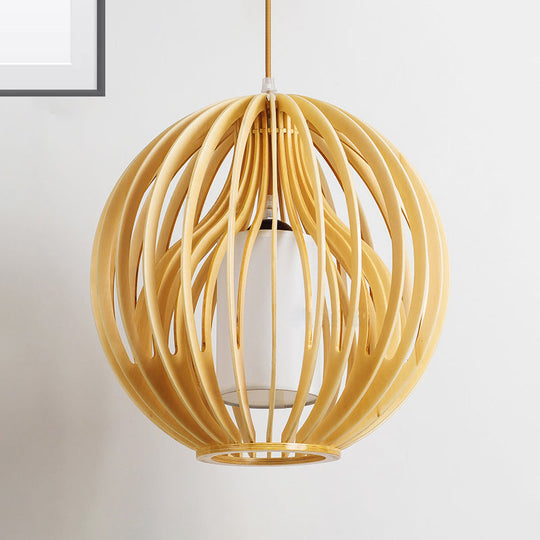 Contemporary Beige Hanging Lamp For Restaurants - Wood Ceiling Pendant With Orb/Hat Design