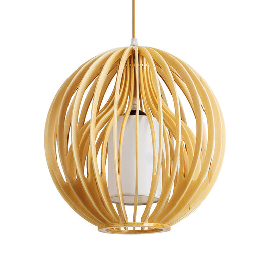 Contemporary Beige Orb/Hat Hanging Lamp - Wood Ceiling Pendant Light for Restaurants