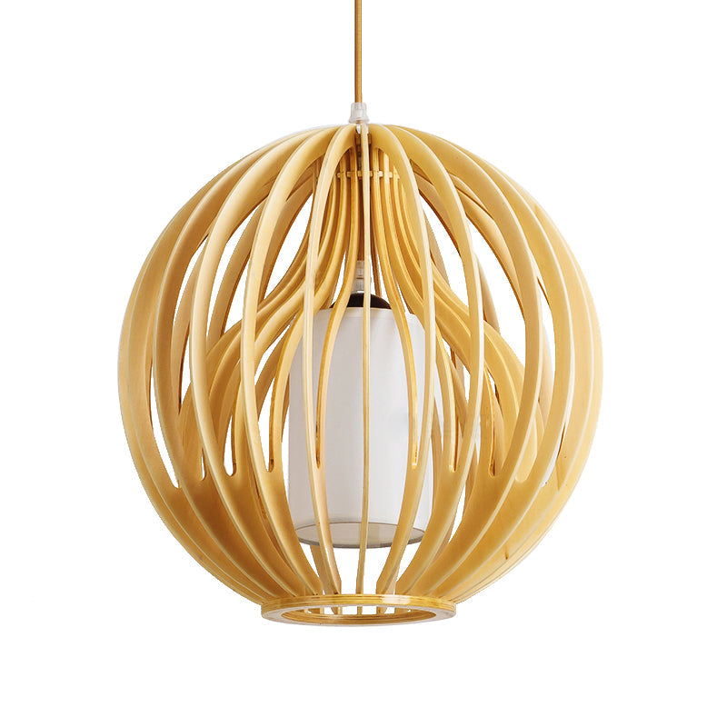 Contemporary Beige Hanging Lamp For Restaurants - Wood Ceiling Pendant With Orb/Hat Design