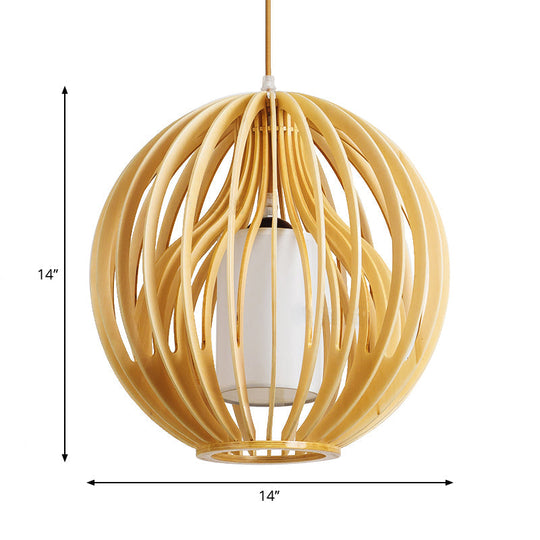 Contemporary Beige Orb/Hat Hanging Lamp - Wood Ceiling Pendant Light for Restaurants