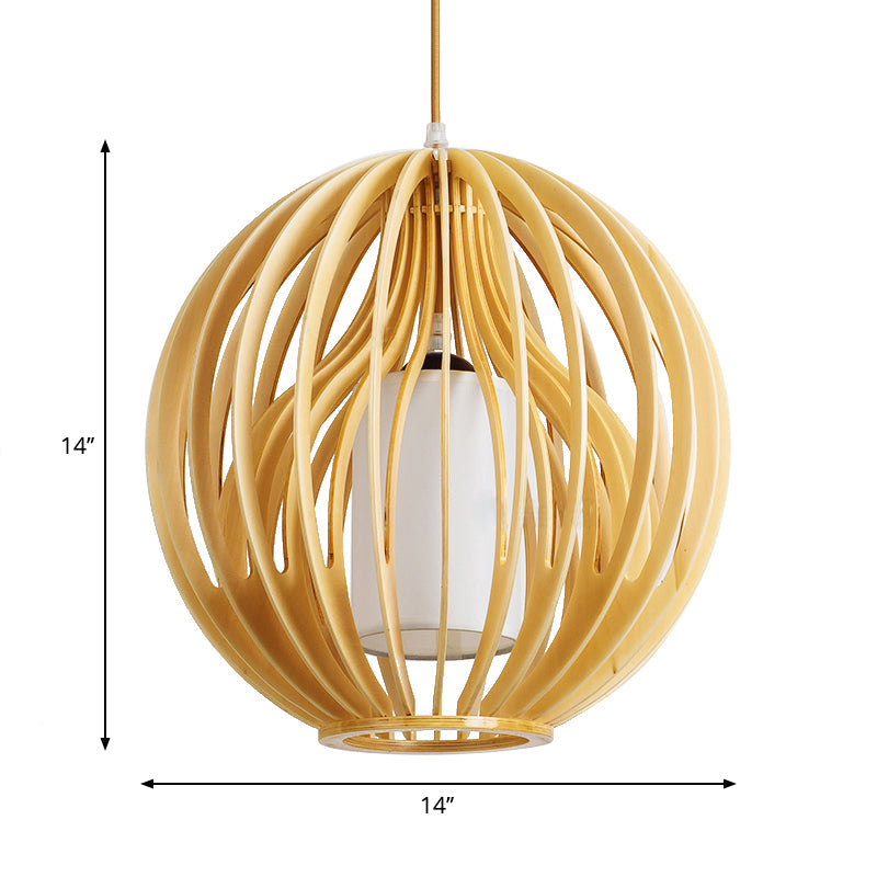 Contemporary Beige Hanging Lamp For Restaurants - Wood Ceiling Pendant With Orb/Hat Design
