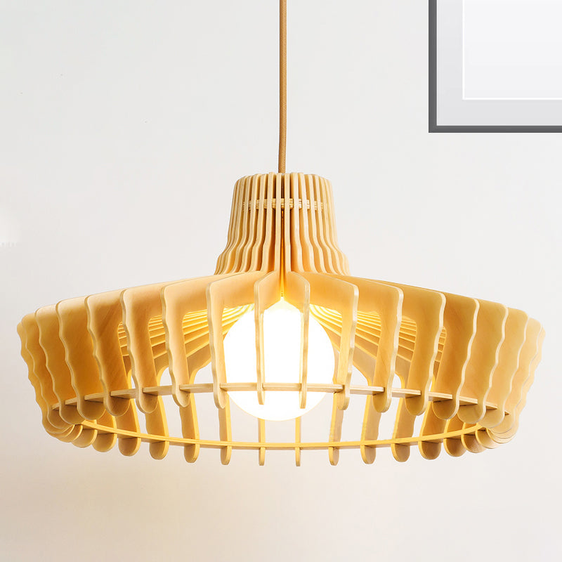 Contemporary Beige Hanging Lamp For Restaurants - Wood Ceiling Pendant With Orb/Hat Design / B