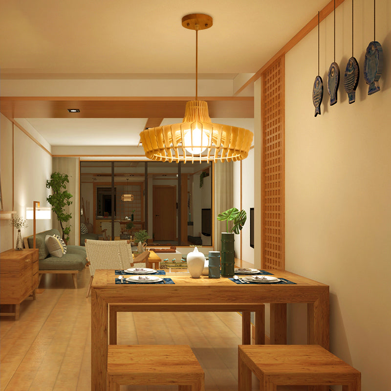 Contemporary Beige Orb/Hat Hanging Lamp - Wood Ceiling Pendant Light for Restaurants