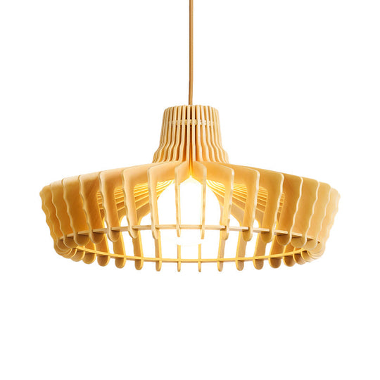 Contemporary Beige Hanging Lamp For Restaurants - Wood Ceiling Pendant With Orb/Hat Design