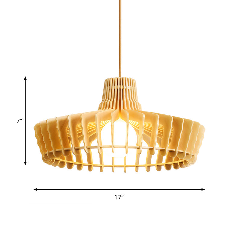 Contemporary Beige Hanging Lamp For Restaurants - Wood Ceiling Pendant With Orb/Hat Design