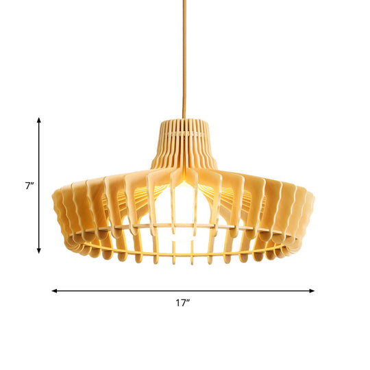 Contemporary Beige Hanging Lamp For Restaurants - Wood Ceiling Pendant With Orb/Hat Design