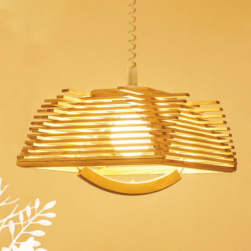 Wooden Shade Modernist Pendant Light Fixture - Beige Tapered Hanging Lamp (1 Bulb)