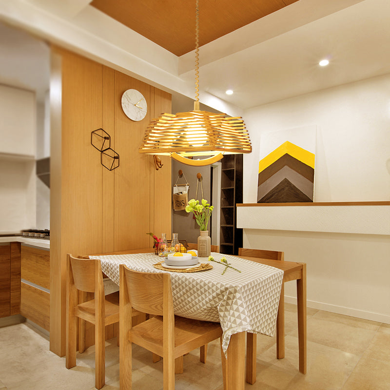 Modernist Beige Tapered Pendant Light with Wood Shade