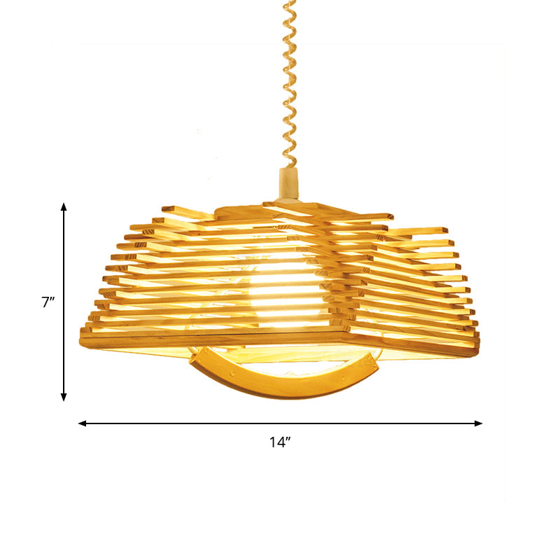 Modernist Beige Tapered Pendant Light with Wood Shade