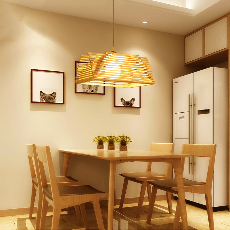 Modernist Beige Tapered Pendant Light with Wood Shade