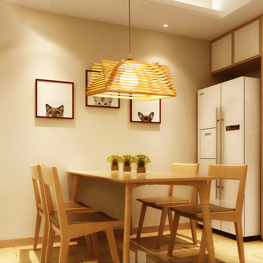 Modernist Beige Tapered Pendant Light with Wood Shade