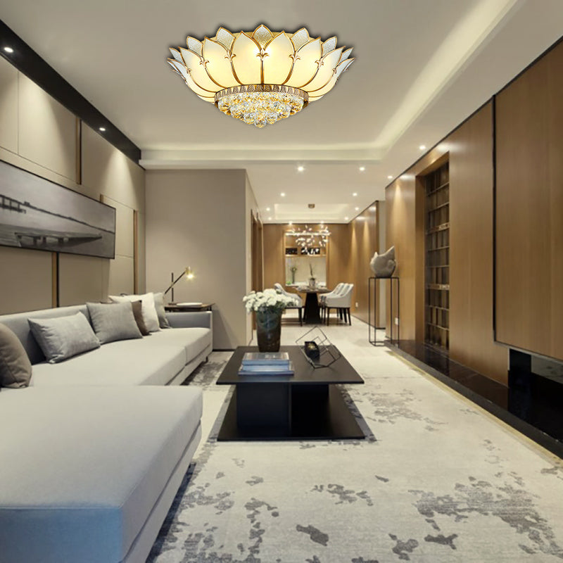 Classic Opal Glass Flush Mount With Gold Scalloped Design - 6 Light Fixture For Living Room Lighting