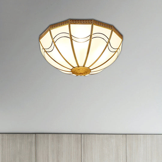 Brass Inverted Flush Ceiling Lamp with Milky Glass, 4 Lights and Wave Pattern - Ideal for bedrooms