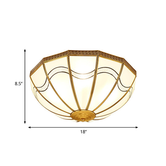 Brass Inverted Flush Ceiling Lamp with Milky Glass, 4 Lights and Wave Pattern - Ideal for bedrooms