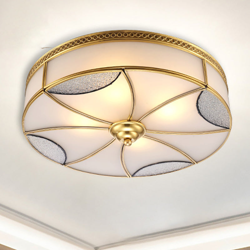 Vintage Brass Flushmount Light with Frosted Glass - 4 Lights - Round Ceiling Mount for Living Room