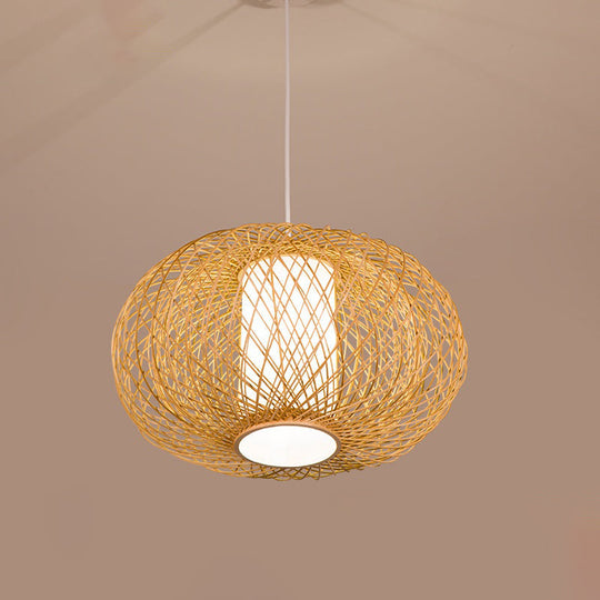 Rustic Bamboo Lantern Pendant Light for Teahouse - Wooden Ceiling Lamp with 1 Bulb