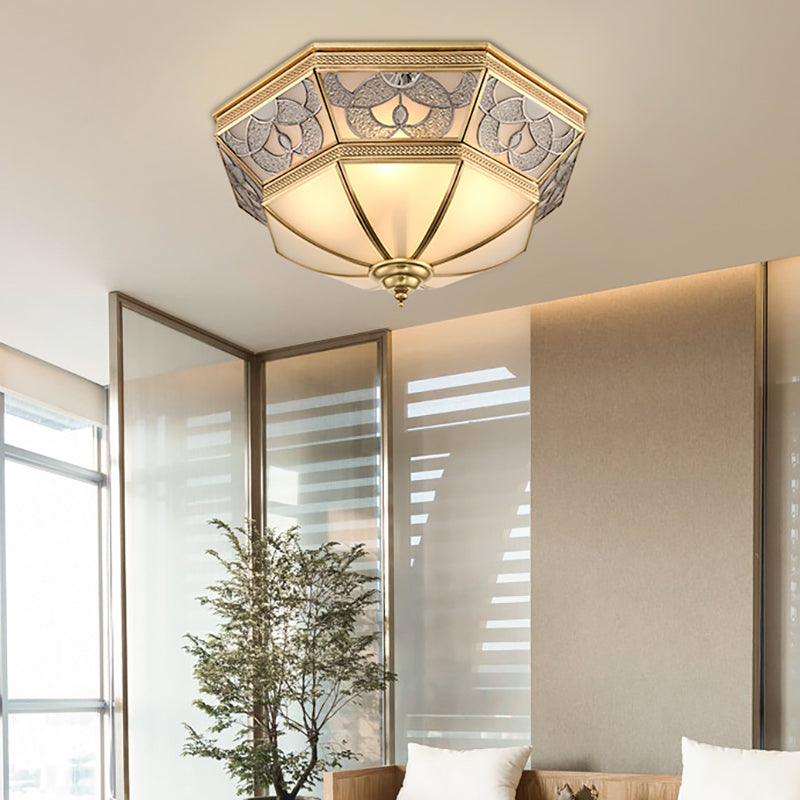 Classic Frosted Glass Flush Mount Lamp with Domed Design - Brass Finish, 4 Lights