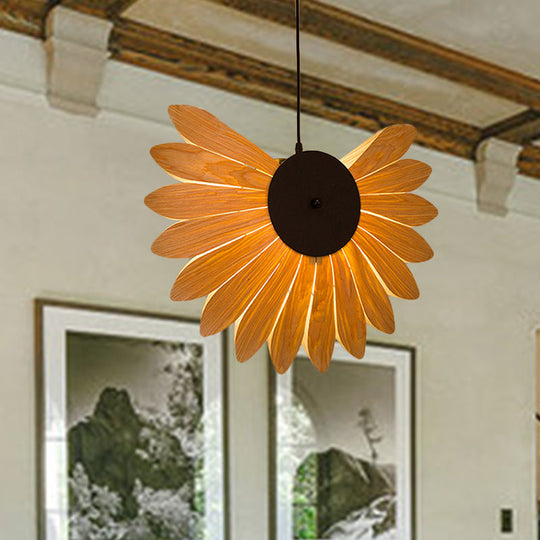 Modern Beige Sunflower Pendant Light: 1-Bulb Wood Fixture For Restaurants