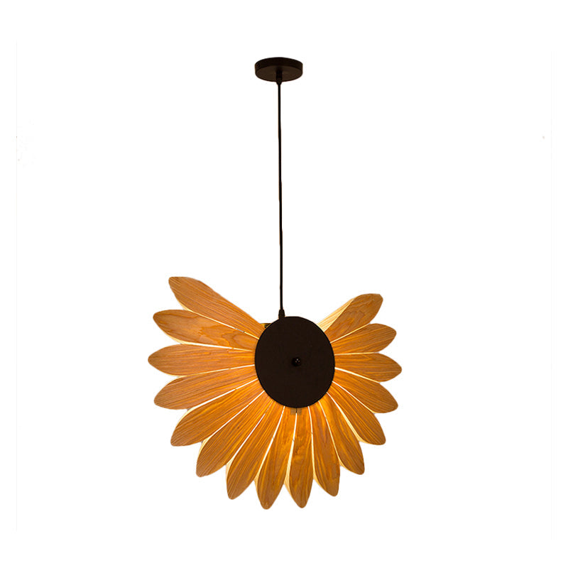 Modern Beige Sunflower Pendant Light: 1-Bulb Wood Fixture For Restaurants