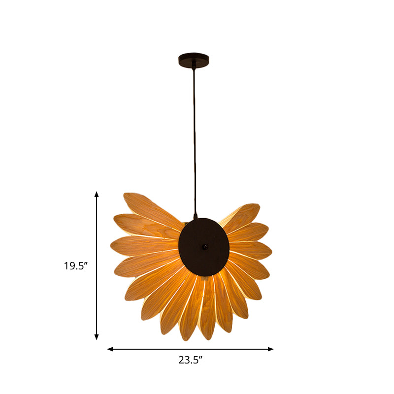 Modern Beige Sunflower Pendant Light: 1-Bulb Wood Fixture For Restaurants