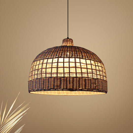 Modernist Wood Bowl Pendant Light With Bamboo Shade - 1-Bulb Hanging Fixture