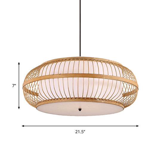 Contemporary Bamboo Pendant Light Kit - Rounded Drum Suspension, 1 Bulb - Wood Hanging Light, 18"/21.5"/23.5" Wide