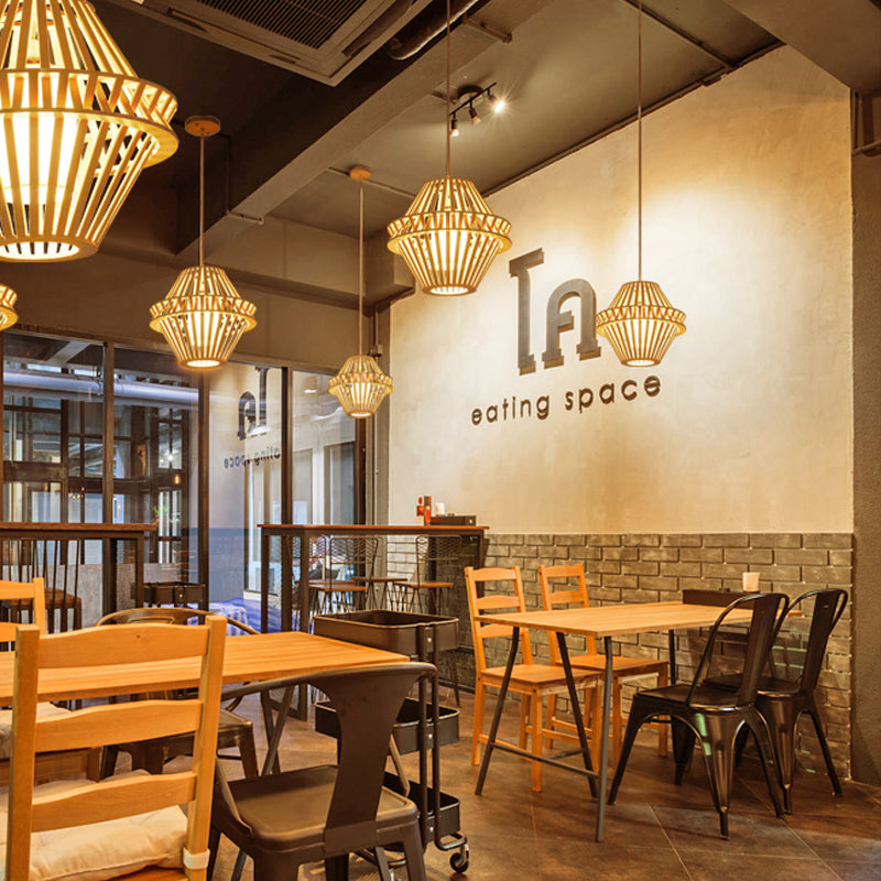 Asian Bamboo Cone Pendant Light with Inner White Fabric Shade - Wood Ceiling Hanging