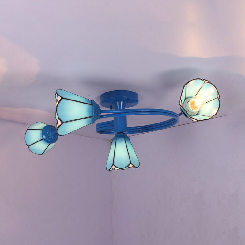 Mediterranean Style Blue Twig Half Ceiling Lamp with Colorful Glass and Radial Design - 4 Heads